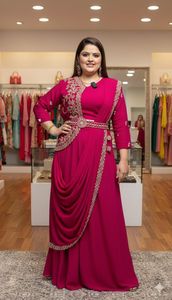 Lehenga Saree de Georgette Sintética para Mujer con Bordado Intenso |   Sari Indo Occidental para Fiesta, Largo hasta el Suelo, Sin Arrugas, para Verano e Invierno - Product Image 1