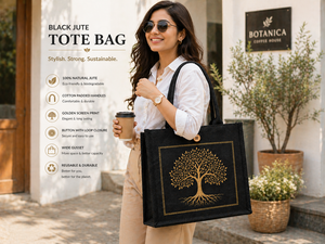 Black Laminated Jute Tote <b>Bag</b> Golden Print <b>Tree</b> Pattern Button Closure Eco Friendly Reusable Wedding Groceries Wine Custom Logo - Product Image 4