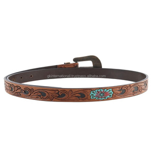 Two Tone Tan Hand Carved Floral Embossed Men's Fashion Western Leather <b>Tooling</b> <b>Belt</b> with Designer Brass Buckle and Loop - Product Image 5