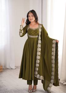 Olive <b>Green</b> <b>Silk</b> Anarkali Suit Set Dupatta Silver Embroidered Indian/Pakistani Ethnic Wedding Wear for Women Floor-Length - Product Image 2