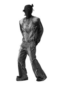 เสื้อแจ็กเก็ตผ้ายีนส์แนวสตรีทแวร์ของผู้ชายเสื้อโค้ทผ้ายีนส์ทันสมัยมีรอยขาดตามสั่งสำหรับฤดูหนาว - Product Image 2