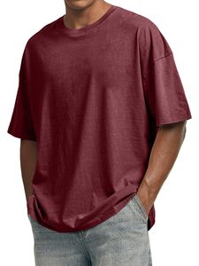 Camiseta de algodón morada lisa extragrande para hombre, cuello redondo, manga corta, estilo casual, tejido de punto, top básico - Product Image 4