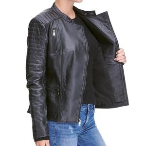 Chaquetas negras para mujer con logotipo personalizado, chaqueta transpirable para invierno, abrigo moderno de cuero, chaqueta bomber genuina, estilo urbano. - Product Image 3