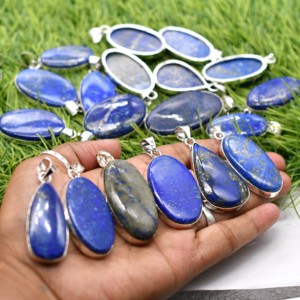 Colliers pendentifs ovales en lapis-lazuli naturel, sertis de pierres en argent 925, unisexes, bijoux classiques, cadeau - Product Image 1