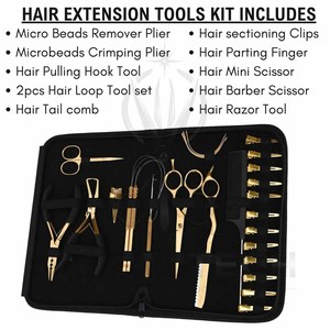 Kit de Herramientas de Lujo para Extensiones de Cabello en Acero Inoxidable Dorado y Negro, Alicates Profesionales Multifuncionales, Tijeras, Cuchilla, Peine, Juego Completo - Product Image 5