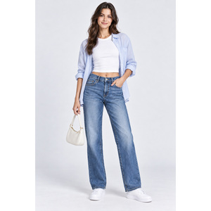 Jeans con logo en la cintura, bolsillos decorados, pantalones vaqueros de pierna ancha, jeans de tela vaquera, jeans para la temporada de primavera - Product Image 4