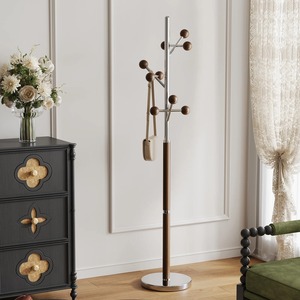Porte-manteau sur pied moderne avec base en bois et crochets métalliques pour rangement d'entrée, design à un seul niveau - Product Image 1