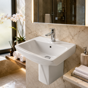 Lavabo Semi-Pedestal Moderno Trigon con Soporte para Grifo de un Solo Orificio, Diseño Minimalista, Lavabo de Cerámica Pulida para Baño - Product Image 3