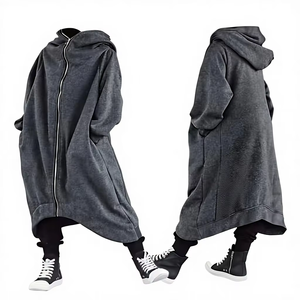 Plus Size New Washed Zip-Up Hoodie with Curved Hem Deep Gray Stylish Casual Design Pockets for Warmth ODM Service 100% Cotton - Product Image 1