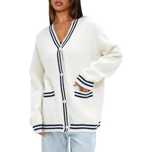 Cardigan tricoté vintage tendance pour femme, col en V oversize, décontracté, collection automne, avec poches, commande en gros, mode 2025 - Product Image 1
