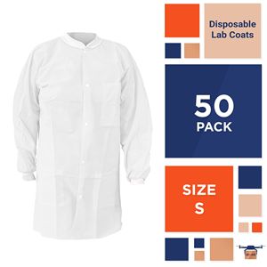 เสื้อกาวน์แล็บสีขาวแบบใช้แล้วทิ้งสำหรับผู้ใหญ่ แพ็ค 50 ตัว เสื้อกาวน์ป้องกันทางการแพทย์ SPP 45 GSM เสื้อกาวน์สำหรับงานทาสี แขนเสื้อและปกเสื้อแบบพลาสติก สำหรับโรงพยาบาล - Product Image 2