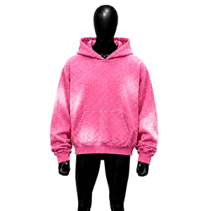 Sudadera con capucha extragrande rosa brillante premium para hombre, con estampado de puntos tie-dye, unisex, informal, de felpa francesa. - Product Image 1