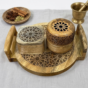 Quemador de incienso artesanal de madera de mango con incrustaciones de mosaico |   Juego de Bandeja y Caja Difusora de Incienso Árabe Multicolor para Decoración del Hogar - Product Image 1