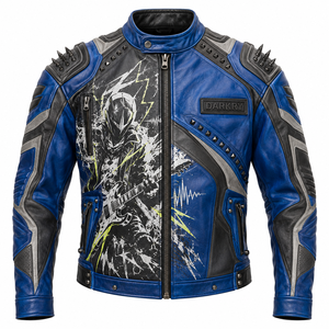 Men Blue Real Leather <b>Spiked</b> Biker Jacket Electric Guitar Graphic Print <b>Metal</b> Studded Coat Custom OEM ODM Vendor Factory Export - Product Image 1