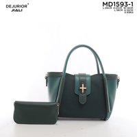 Tas Wanita QAZA 2026 Terbaru, Tas Tangan Kulit PU Mewah Warna Kontras dengan Kunci T Bar, Set 2 in 1 Tas Selempang Wanita