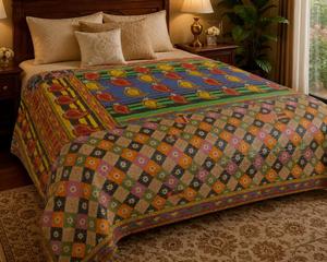 Wholesale Handmade Cotton Kantha <b>Quilt</b> King Queen Size Reversible Bedspread Indian Block Print <b>Quilt</b> Lightweight <b>Bedding</b> Blanket - Product Image 3