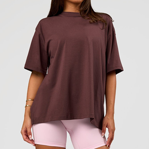 เสื้อยืดคอกลมโอเวอร์ไซส์สำหรับผู้หญิง สีพื้น ทรงหลวม ไหล่ตก แขนสั้น ผ้าเจอร์ซีย์คอตตอน ยาวพิเศษ ใส่ได้ทุกฤดู - Product Image 1