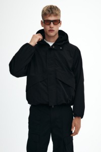 Men's Black Hooded Puffer <b>Jacket</b> Windproof Zipper Closure Casual Style Polyester Material Winter Wear - Product Image 6