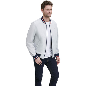 2026 Eco-Friendly <b>Men's</b> <b>White</b> With Navy Red Trim Zipper Front Casual Outerwear Breathable Bomber <b>Jacket</b> Is Available For Sale - Product Image 2