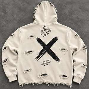 เสื้อฮู้ดดี้โอเวอร์ไซส์สีดำสไตล์ดิสเทรสสำหรับผู้ชาย ผ้าฝ้าย 100% เฟรนช์เทอร์รี่ ซิปหน้า สตรีทแวร์แบบสั่งทำพิเศษสำหรับฤดูใบไม้ร่วง - Product Image 3
