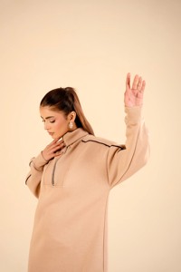 Oversized Half <b>Zip</b> <b>Hooded</b> Pocket Fleece Sweatshirt Dress Beige Black Long Length Casual Regular Sleeve Unisex Autumn Wear - Product Image 5