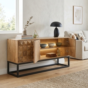 Dice Buffet <b>Sideboard</b> Modern Industrial Solid Wood <b>Storage</b> Cabinet With 3D Geometric Carved Doors And Black Metal Base Furniture - Product Image 4