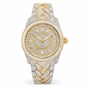 Luxury Women's Diamond Watch Round Case Quartz Stainless Steel Bracelet Yellow Gold Band Analog Dial - Product Image 5