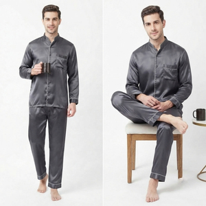 Men Sleeping <b>Suit</b> 2 Piece Set 100% Satin Polyester Sleepwear Chest Pocket Shirt Trouser Premium Men Nightwear <b>Pajama</b> Set - Product Image 2