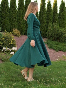 Robe de soirée vintage écologique en coton vert, longueur genou, coupe trapèze, à manches longues, pour femme, idéale pour une invitée de mariage - Product Image 5