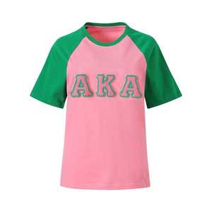 Haut décontracté pour femme en chenille rose premium, brodé de lettres grecques, col rond, été, écologique - Product Image 1