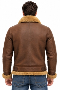 Men’s Vintage Brown Shearling Leather Bomber Jacket with Fur Collar, Zip Closure and Adjustable Waist <b>Tabs</b> - Product Image 4