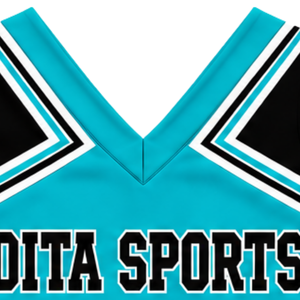 Uniforme de cheerleading turquoise, noir et blanc, sans manches, col en V, haut court, jupe plissée, tenue de danse pour équipe de cheerleading - Product Image 6