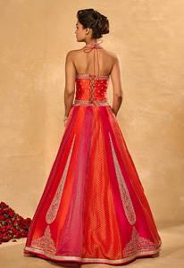 Conjunto de Lehenga de Seda Bordada en Rojo y Rosa para Mujer, Cuello Halter, Falda Larga Hasta el Suelo, Traje Indio para Boda - Product Image 6