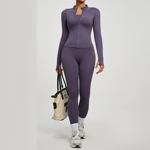 Ensemble de vêtements de sport pour femmes, veste à manches longues violette, soutien-gorge de sport, leggings taille haute sans couture, tenue de fitness - Product Image 2