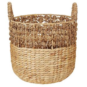 Factory Direct Wholesale Water Hyacinth <b>Basket</b> with Woven <b>Flower</b> Pattern Top Handcrafted Laundry Hamper Storage Bin with Handles - Product Image 1