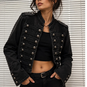 <b>Gothic</b> Style Black Denim <b>Jacket</b> Double Breasted Stand Collar Slim Fit Short Length With Button Decoration Washed Finish - Product Image 6