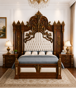 Juego de Dormitorio de Madera de Teca Hecho a Mano Estilo Turco con Acabado en Blanco y Dorado, Compre Cama King Size con Mesitas de Noche, Muebles Premium para el Hogar - Product Image 6