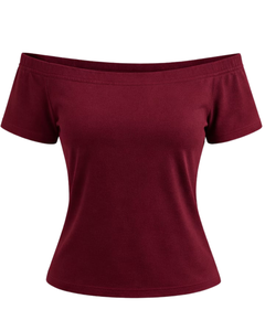 T-shirt femme bordeaux à épaules dénudées, manches courtes, coupe ajustée, décontracté, été, en coton doux, personnalisable, fabricant OEM - Product Image 1