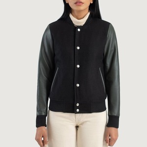 Black Breathable Embroidered Knitted Varsity <b>Jacket</b> PU <b>Leather</b> Sleeves Button Front Stand Collar Casual Regular Fit Autumn Wear - Product Image 2