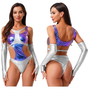 Womens Custom Swim <b>Shirt</b> Metallic Bodysuit With Long Gloves Leotard Swimwear Space Themed Cosplay <b>Swimming</b> Wearing Wholesale - Product Image 2