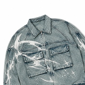 <b>Custom</b> Blue <b>Denim</b> Acid Wash <b>Jacket</b> With Abstract White Print And Chest Flap Pockets Ribbed Cuffs And Zip Closure For Unisex Wear - Product Image 3