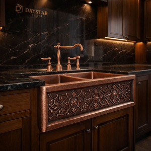 Évier de cuisine en cuivre pur Daystar Trade, fait main, surface martelée brossée, quatre trous, double bac, à encastrer sous le plan. |   Moderne 1.2-3.0mm - Product Image 1