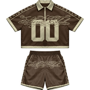 High quality satin polyester windbreaker short set red <b>white</b> panel design embroidered logo Windbreaker Shorts Set for Men - Product Image 5