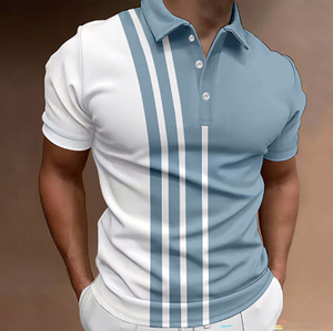 เสื้อเชิ้ตผู้ชายผ้าฝ้ายลายทางสีตัดต่อ แขนสั้น ถักแบบลำลอง ดีไซน์กระดุม สีขาวและสีกากี - Product Image 6
