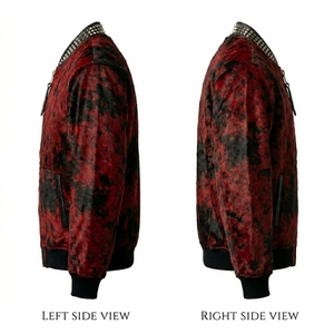 Chaqueta de Cuero Genuino de Pelo de Vaca para Hombre, Estilo Bomber con Estampado Rojo y Negro, Cuello con Tachuelas, Estilo Punk Rock, Venta al por Mayor - Product Image 4