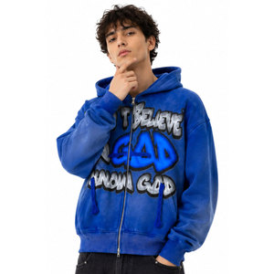 Sweat à capuche bleu oversize zippé pour homme, 100 % coton tricoté, style hip-hop, imprimé lettres sur le devant, idéal pour l'automne - Product Image 2