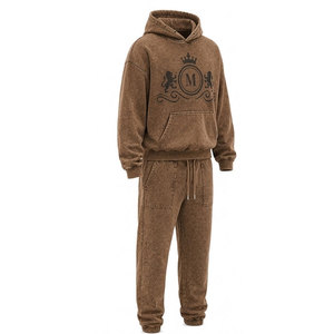 Conjunto Deportivo para Hombre, Color Marrón, Lavado Ácido, 100% Algodón, 480 gsm, Alta Calidad, con Pedrería, Pantalones Largos con Cordón Ajustable, Ropa Casual - Product Image 2