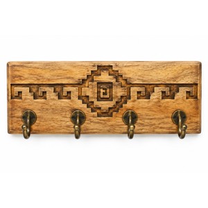 Mango Wood Oaxaca Greca Wall Key <b>Rack</b> with Brass Hooks - Handcrafted Wholesale - Product Image 1