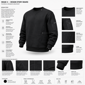 Men's Black Fleece Pullover Sweatshirt Crew Neck Regular Fit <b>Zip</b> Pockets Left Sleeve Logo Casual Winter 100% Cotton Breathable - Product Image 5