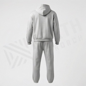 Men's Gray Hooded <b>Tracksuit</b> Full Zip Geometric Embossed Design Cotton Casual Sweatshirt And Pants Set Autumn Wear - Product Image 2